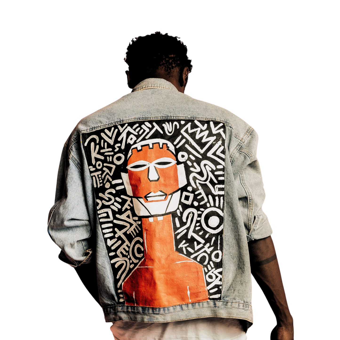 Hand-painted, upcycled denim jackets with mask design