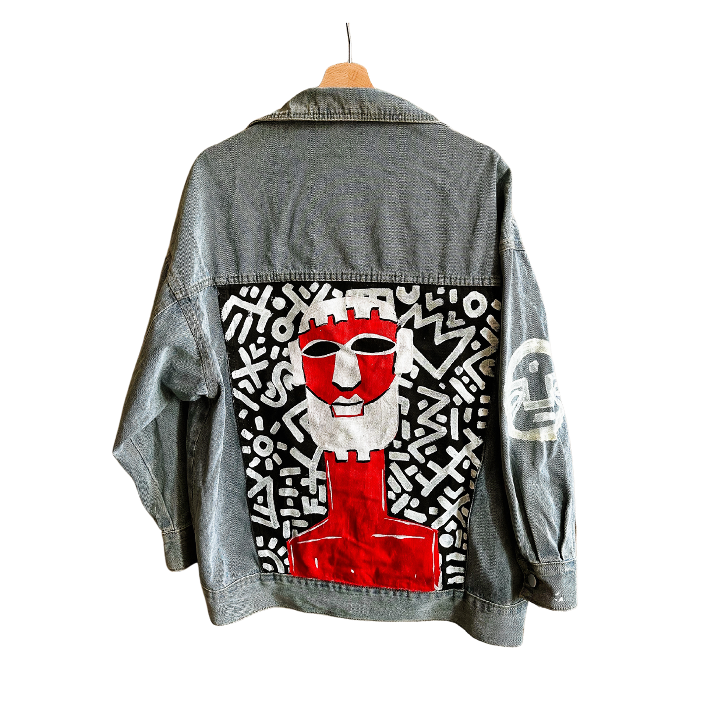 Hand-painted, upcycled denim jackets with mask design