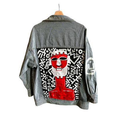 Hand-painted, upcycled denim jackets with mask design