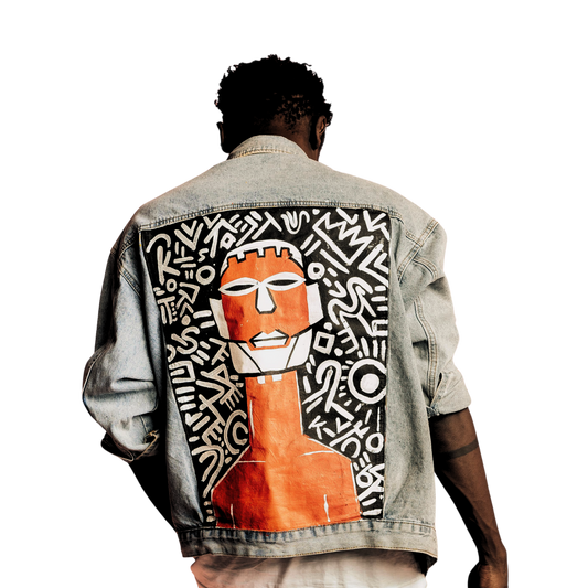 Handbemalte, Upcycled Jeansjacken mit Maskendesign (rote Maske)